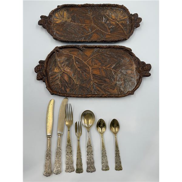 2x Tree/Pinecone Themed Trays & German Silver Cutlery