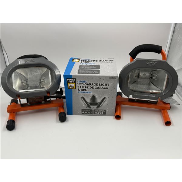 2x HDK Work Lights & Power Fist 3-Panel LED Garage Light