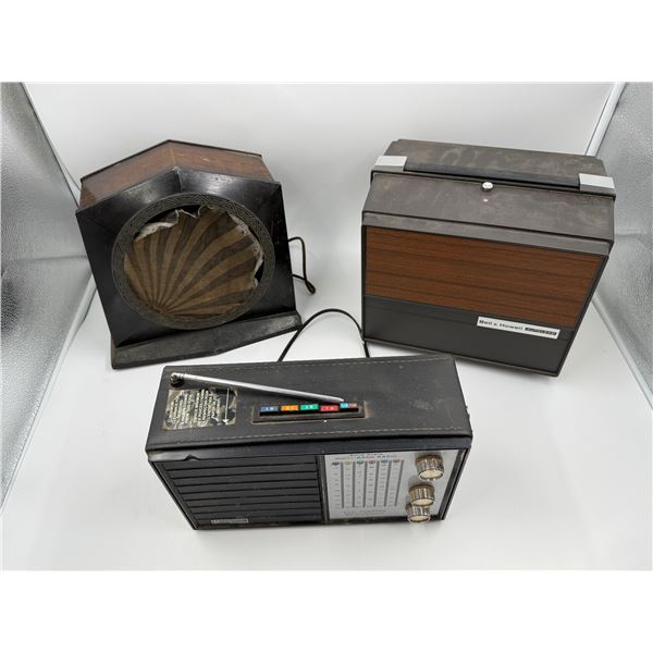 3x Vintage Electronics: Speaker, Solid State Radio, + Bell & Howell Reel Player