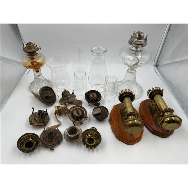 Assorted Vintage/Antique Lamp Parts: Oil Burners, Bases, Chimneys, & Wall Hangers