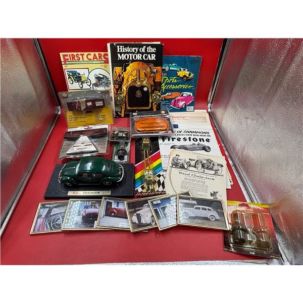 Vintage Automotive Collectibles: Maisto Volkswagen Car, Ephemera, Framed Pictures, & More
