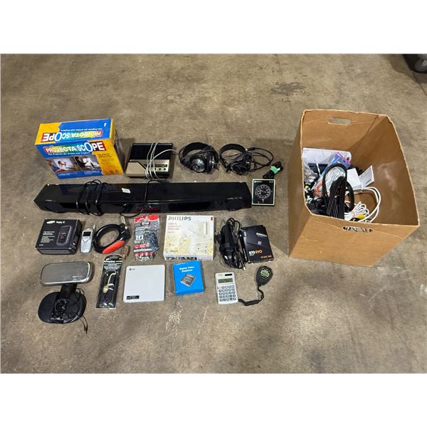 Assorted Electronics: Sound Bar, Cellphones, Sony MP3 Player, Headphones, & More