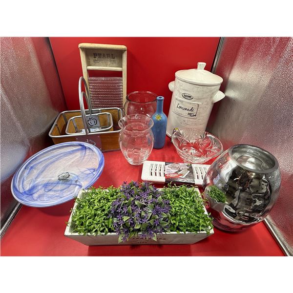 Variety Lot: Beverage Dispenser, Faux Planter, Vases, Vintage Washboard, & More