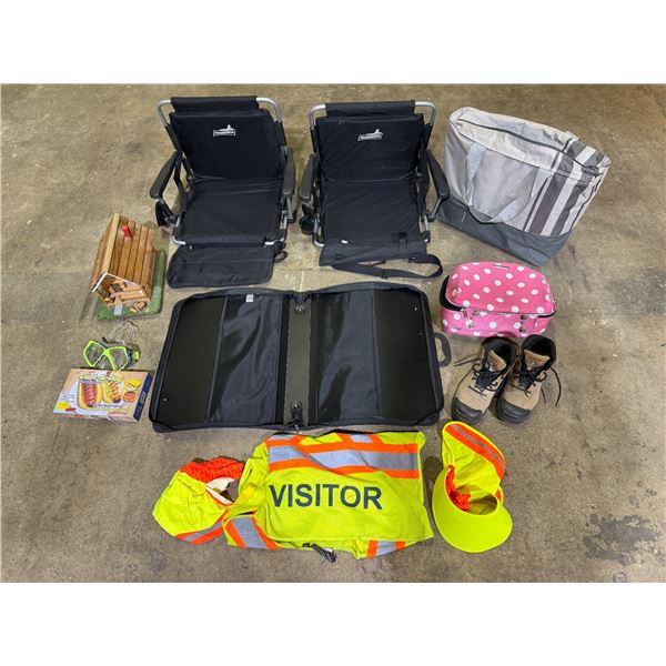 Variety Lot: Hi-Vis Gear, Dakota Boots, Folding Lawn Portable Lawn Chairs, Birdhouse, & More