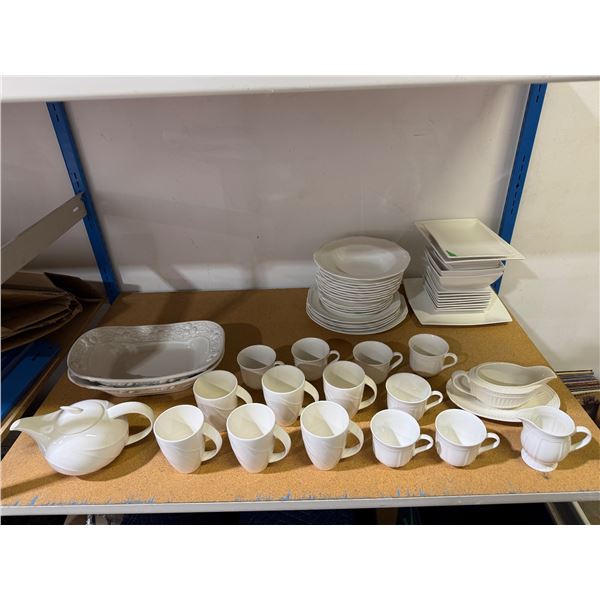 Chinaware: Teapot, Mugs, Teacups, Gravy Boat, Plates, & Bowls