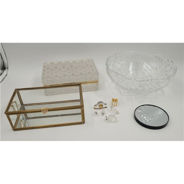 Glassware Lot w/ Jewelry Box, Bowl, Miniature Figures, & More