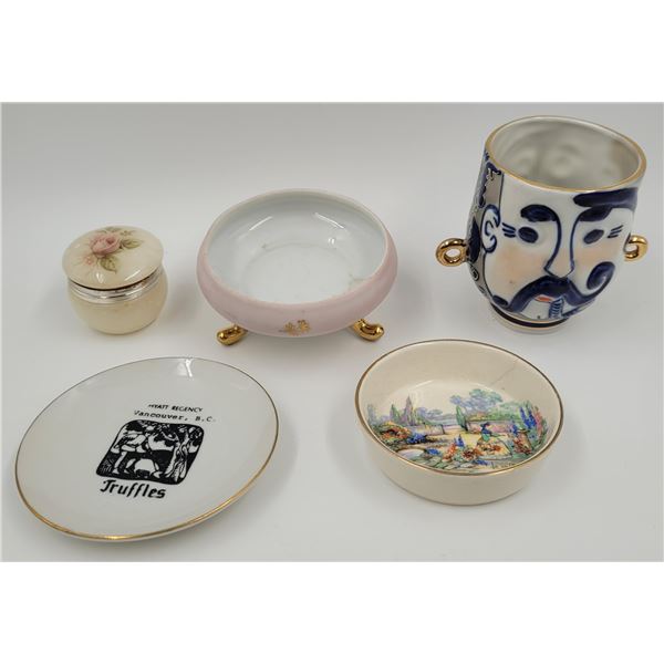 Trinket Dish & Mug Lot w/ 1960s USSR Mug, Hand-Carved Alabaster Trinket Box, & More