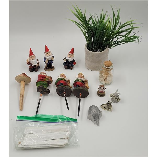 Garden Lot w/ Fairy Garden Gnomes, Mushroom Figure, Plant Markers, & More
