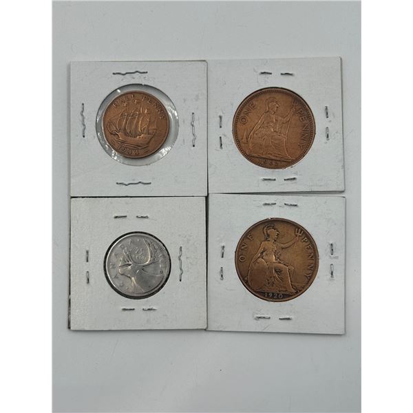 1944 British Half-Penny, 1920 & 1962 British Pennies, & 1938 Canadian Quarter