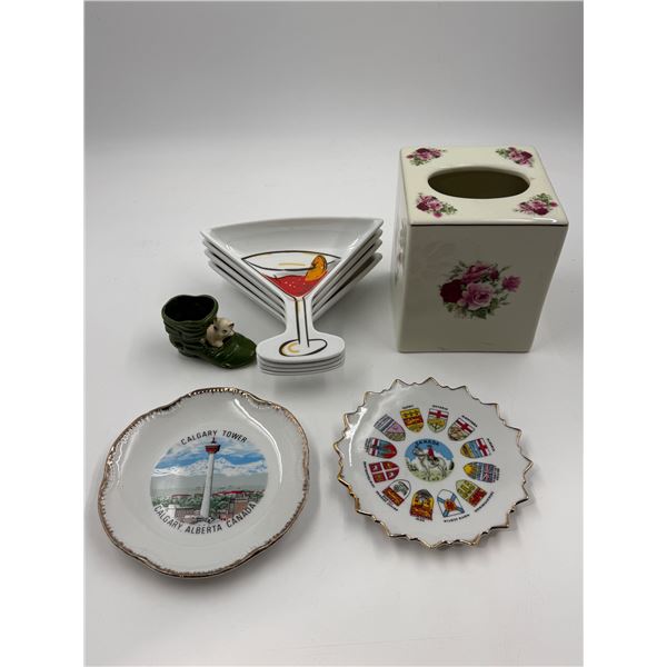 2 Dishes Made in Japan, Ceramic Tissue Holder, Cat in Boot Figure, & Melamine Martini Dishes