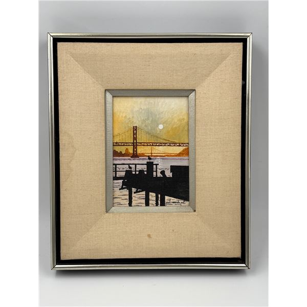 Original 1975 "Sunset on the Bay Bridge" Acrylic Painting by Paul Van de Pol