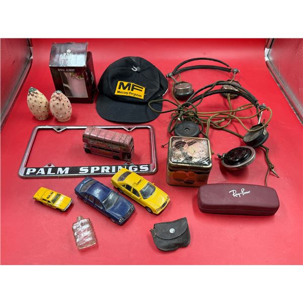 Vintage Variety: Toy Cars, Palm Springs License Plate Cover, Royal Albert Cup, Hat, & More