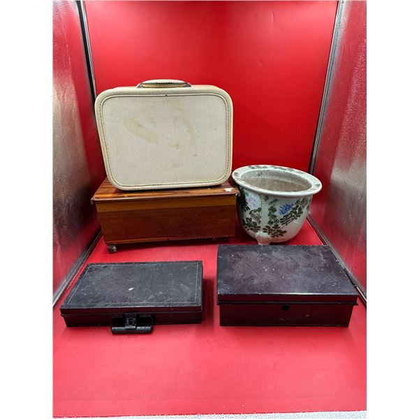 Vintage Variety: Skyway Carry On, 2x Cash Boxes, Planter, & Small Wooden Chest