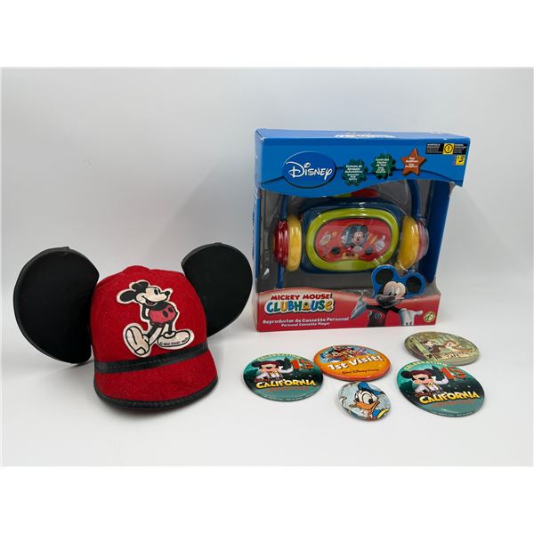 Disney Collectibles: Early Mouse Ears Felt Beanie, Pinback Badgers, & Factory Sealed Player