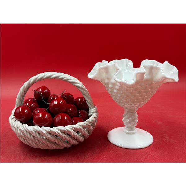 Vintage Fenton Hobnail Milk Glass Compote & Ceramic Basket W/ Cherries