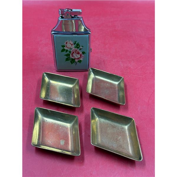 Vintage Auro Cigarette Case & Lighter Combo + Brass Ashtray Set