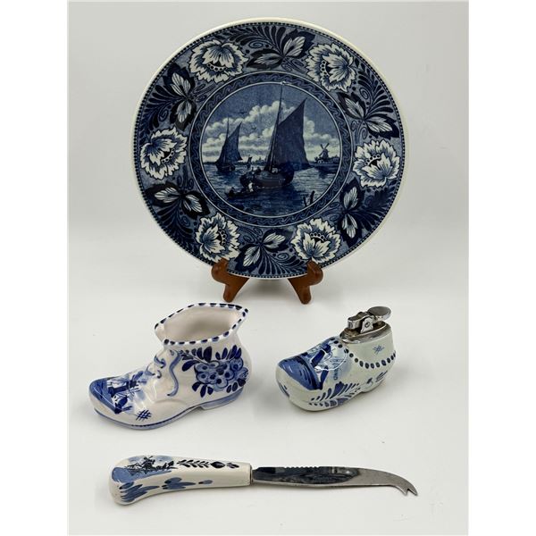 Vintage Delft Collectibles: Lighter, Shoe, Knife, & 9" Plate