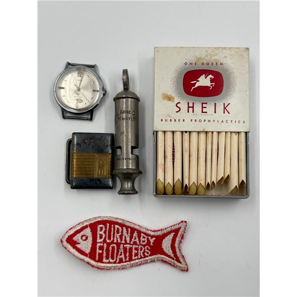Vintage Variety: Timex Watch, Sheik Rubbers, Burnaby Floaters Patch, Belt Buckle, & Whistle