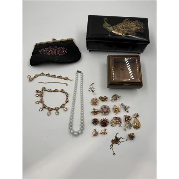 Vintage Jewelry, Containers (1 Music Box), & Coin Bag: Necklaces, Earrings, Bracelets