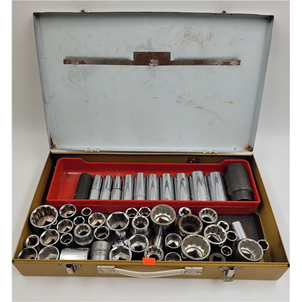 Vintage Metal Tool Box With Assorted Socket Heads