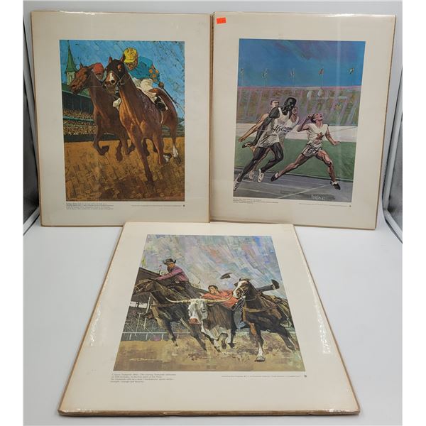 3x Vintage Sports Prints: Horse Racing, Race, & Bull Taming