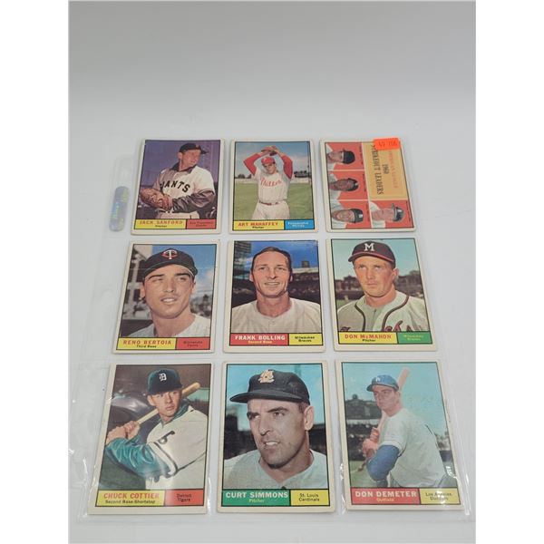9x Vintage Baseball Cards: Curt Simmons, Don Demeter, Chuck Cottier, Reno Bertoia, Jack Sanford, & M