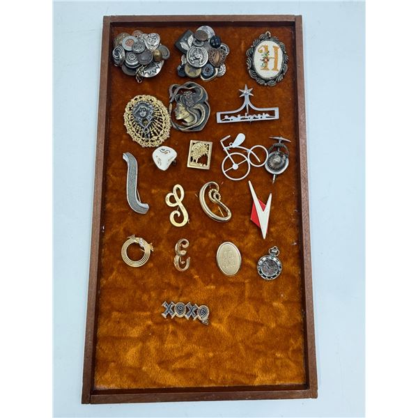 Assorted Brooches On Velvet Back Frame