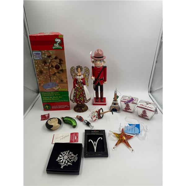 Assorted Christmas Decor : Nutcracker, Charlie Brown Tree, Ornaments, & Figurine