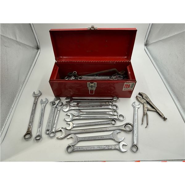 Vintage Tool Box With Assorted Tools : Wrenches, Crescent Wrench, Self Grip Wrench