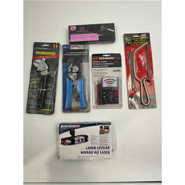 6x New In Packaging Tools: Crimping Tool, Pro Wrench, Digital Caliper, Battery Tester, Hacksaw, Lase