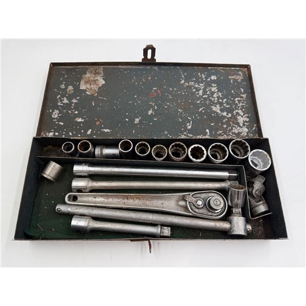 Vintage Metal Tool Box With Assorted Tools