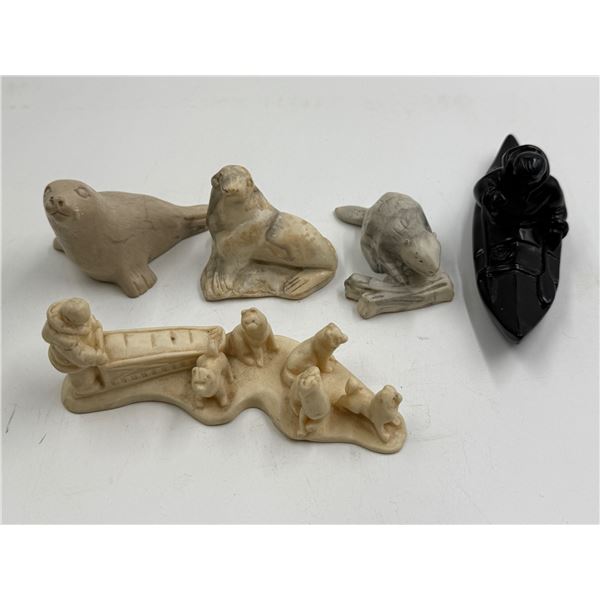 5x Pearlite Figurines : Seals, Beaver, Inuit In Canoe, & Dog Sled