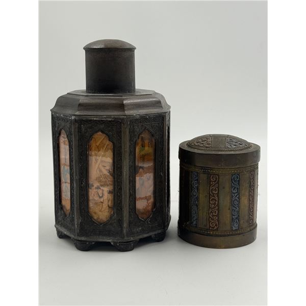 2x Vintage Tea Caddies: Chinese Reverse Painted & Brass