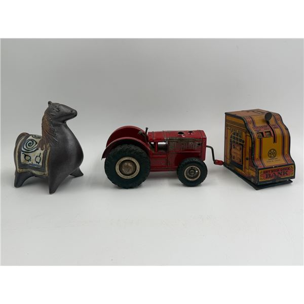 3x Vintage Collectibles: Marx Tin Toy Coin Bank, D.R.P. Angem Red Tractor, & Hand Crafted Pottery Ho