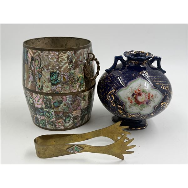 Vintage Mexican Made Abalone Barrel With Brass Tongs & Porcelain Floral Vase