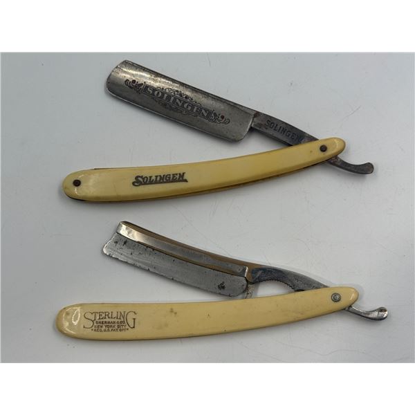 2x Antique French Ivory Handled Straight Razors: Solingen & Sterling