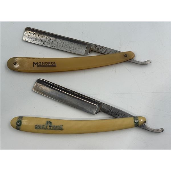 2x Antique French Ivory Handled Straight Razors: Our Best & Monopol