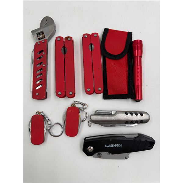 Assorted Tools : Wrench, Multi Tool Knives, Swiss Tech Bi-Fold Knife, Flashlight