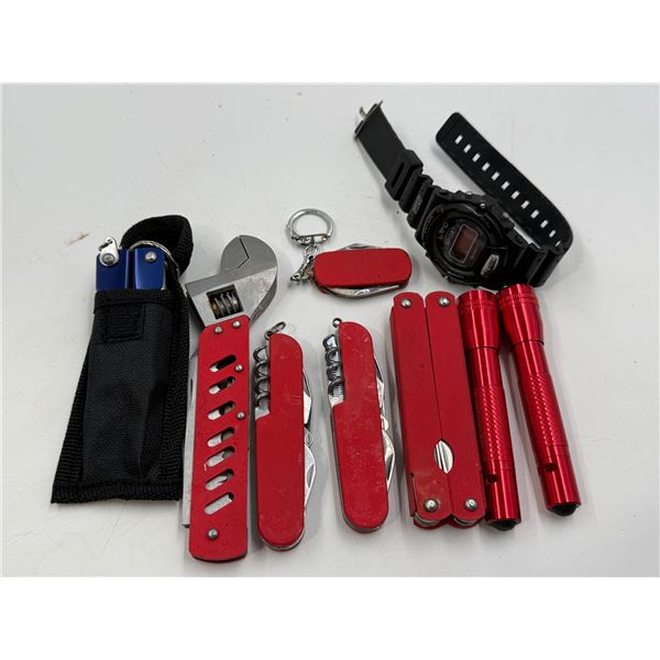 Assorted Tools : Wrench, Multi Tool Knives, Flashlights, Digital Sports Watch