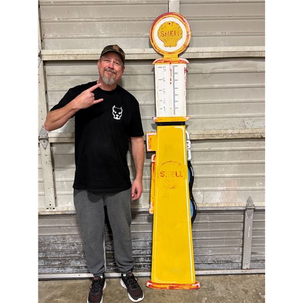Vintage Handmade Shell Bowser Style Wooden Gas Pump Sign