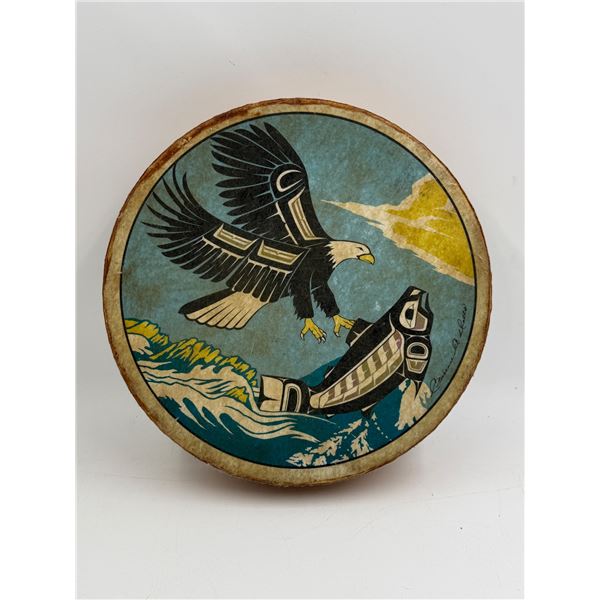 Vintage Clarence Wells Signed First Nations Bald Eagle Capturing Salmon Drum