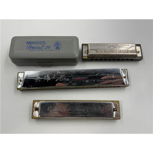 3x Vintage Harmonicas: Hohner Big River Harp, Hero, & Other