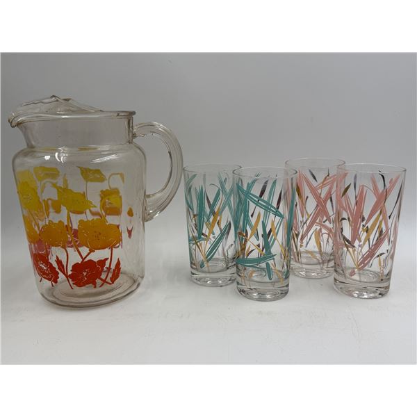 Mid Century Modern Glassware: Floral Pitcher & Wheat Themed Highball Glasses