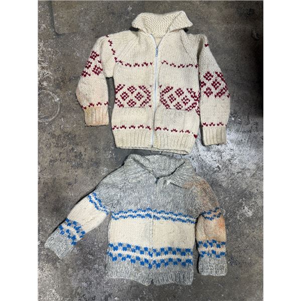 2x Vintage Hand Woven Cowichan Wool Kids Zip Up Sweaters