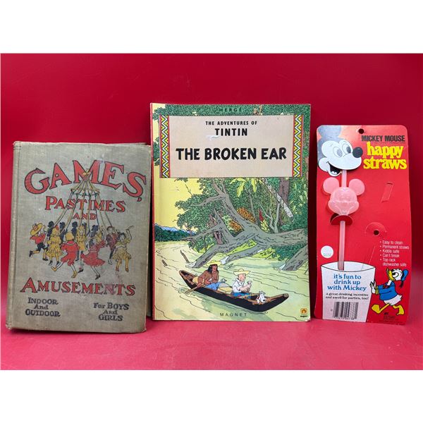 3x Vintage Collectibles: Tintin "The Broken Ear" Comic, Games, Pastimes, & Amusements, & Mickey Mous