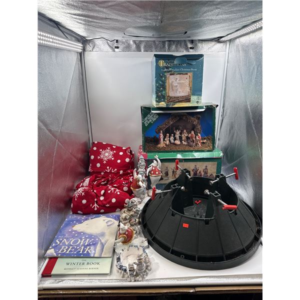 Lot Of Assorted Christmas Collectibles w/ Stand, Books & Porcelain Light