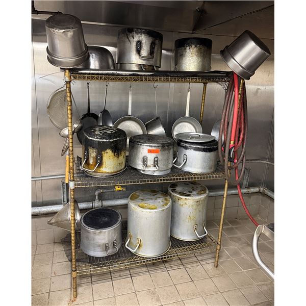 Metal Mesh Shelf w/ Contents: Stock Pots, Utensils, Mixing Bowls, Tureens, etc
