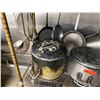 Image 7 : Metal Mesh Shelf w/ Contents: Stock Pots, Utensils, Mixing Bowls, Tureens, etc