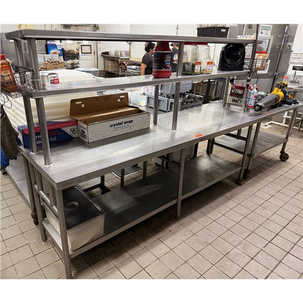 Metal Work Table on Wheels w/ Undershelf & 2 Top Shelves 96" x 30" x 66"H (contents not included)