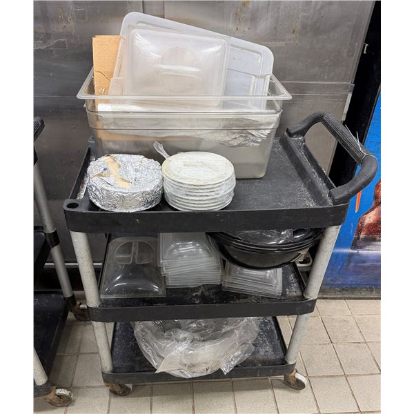 Food Storage Containers, Plates, Bowls, etc on 3-Tier Rolling Cart